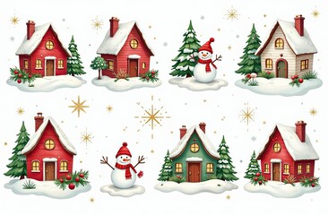 Fototapeta premium Large set of hand-drawn watercolor illustrations on the theme of Christmas. Cozy Christmas houses. Stars, snowflakes, spruce and branches, festive mood for stickers, decorations, design