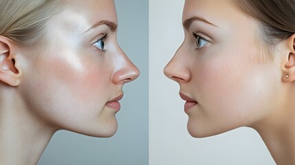 Profile view before and after rhinoplasty, highlighting a prominent nose bridge and wide tip pre-surgery, and the refined, symmetrical result afterward