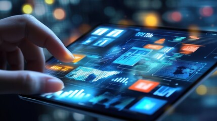 A hand is interacting with a digital tablet, with many charts and graphs displayed on the screen.