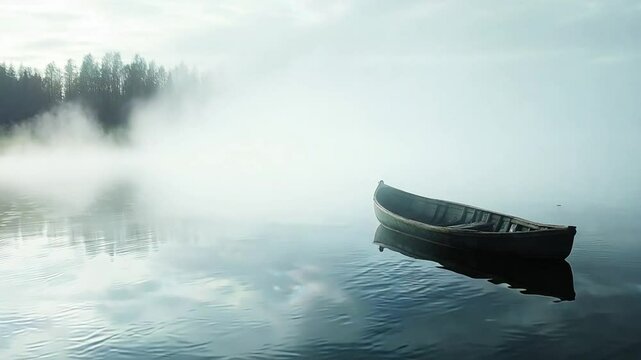 A boat drifting through the fog on a calm lake under a cloudy sky