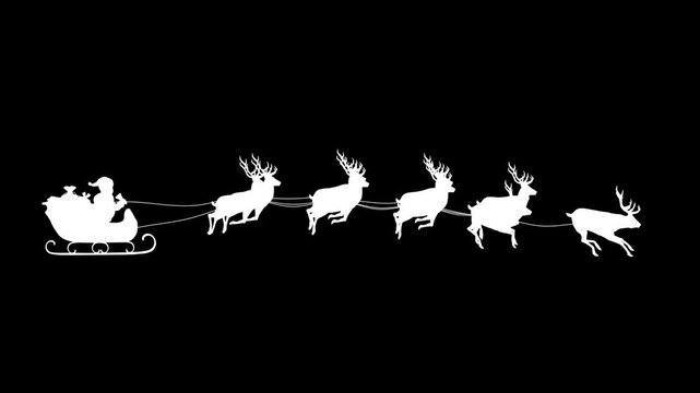 Golden Santa Claus on sleigh with Christmas gifts and Nine 9 reindeers pulling the sledge loop