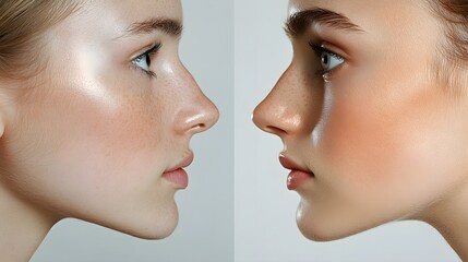 Rhinoplasty results with a side-by-side comparison of the nose before surgery, with noticeable bumps, and after surgery, showing a smooth, symmetrical profile