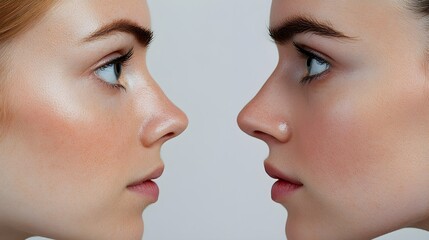 Obraz premium Close-up comparison of a patient's nose before and after surgery, focusing on both aesthetic refinement and functional improvement, Clear Detail, Neutral Background