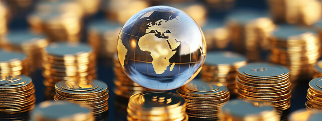 Illuminated Glass Globe at the Center of Golden Coin Stacks Symbolizing Financial Prosperity and Global Economy Set Against a Deep Blue Backdrop