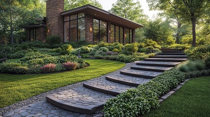 Obraz premium Landscape design featuring evergreen shrubs.