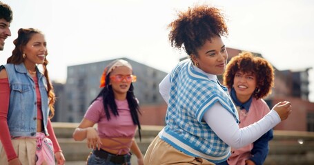 Woman, smile and friends for dancing outdoor with movement, creative rhythm and hip hop performance. Dancer, people and retro fashion for breakdance energy, choreography and freestyle routine on roof