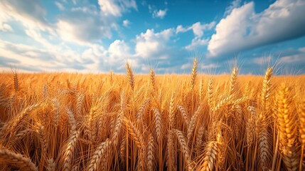 Fototapeta premium Large ripe wheat fields ready for harvest under a blue sky form a summertime landscape.