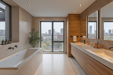 Fototapeta premium Illustration of large bathroom interior with simple modern design. Wooden cabinets and double sinks. Window with city view. Bright natural light.