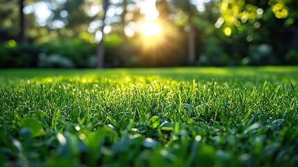 Naklejka premium Lush fresh green lawn grass basks in sunlight.