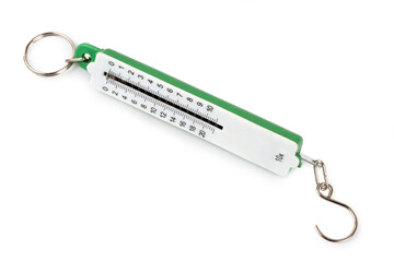 Scales for weighing. Hand scale on a white background. Plastic scales for households.
