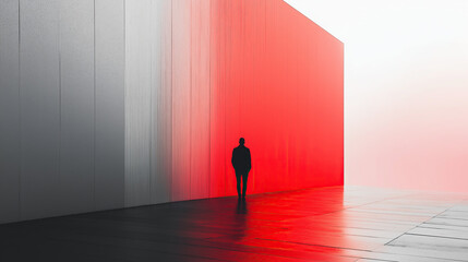 A minimalist, white and red light wall installation with a person standing in front of it, featuring foggy, volumetric lighting