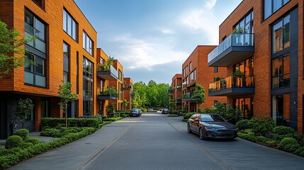 Modern apartment buildings are set in an urban environment, reflecting a contemporary cityscape.