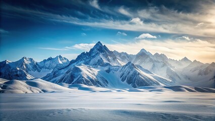Snow capped mountain range with snow covered peaks in a minimalist epic landscape