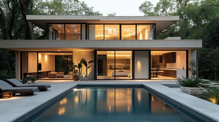 Modernist architecture showcasing a concrete house with a pool, embodying minimalist design and luxury living.