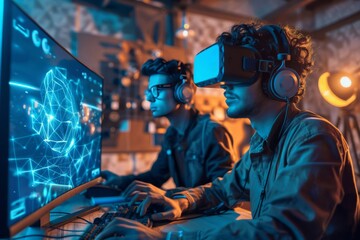 Working on 3D: game developers designing and discussing 3D objects.