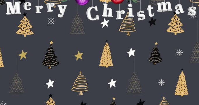 Merry Christmas text animation with festive trees and stars on dark background