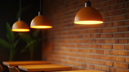 Inviting Café Interior Design Highlighting Salted Caramel Seating, Wooden Tables, and Softly Lit Pendant Lights Against Rustic Brick Walls for a Cozy Coffee Retreat