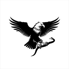 An eagle is flying with a snake in its claws.