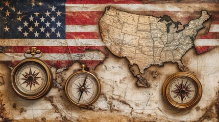 Celebrate Columbus Day with a patriotic banner featuring the American flag, a map of the United States, and classic compasses.