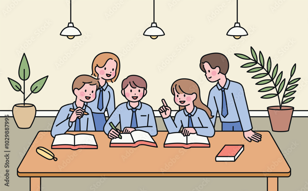 Sticker Students in school uniforms are sitting together and discussing. outline simple vector illustration.