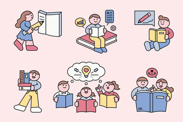 Cute characters read books, discuss them, and write book reviews. outline simple vector illustration.
