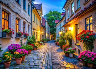 Fototapeta premium Surreal Cozy Street in Tallinn with Vibrant Flower Pots and Charming Architecture for Dreamy Landscapes and Urban Serenity
