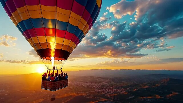  Adventurous group enjoying a breathtaking hot air balloon ride at sunset, soaring above a stunning landscape.  