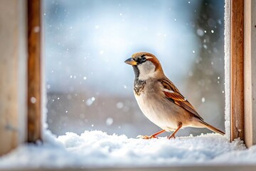 Snow covered window with sparrow perched on it