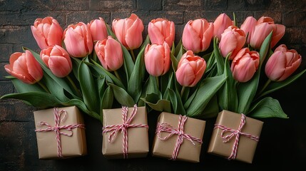 Pink tulips and gifts arrayed on the floor against a brick wall, viewed from above.