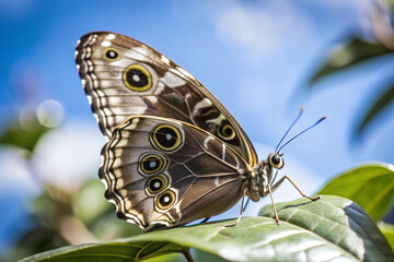 Stunning macro view of a tropical blue morpho butterfly resting on a vibrant green leaf, showcasing intricate wing patterns against a soft blue sky.