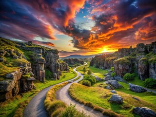 Surreal Sunset Path Through Pingvellir Valley, Iceland - Ethereal Landscapes, Dramatic Skies, Vibrant Colors, Nature's Wonders, Tranquil Journey, Majestic Views, Scenic Trails
