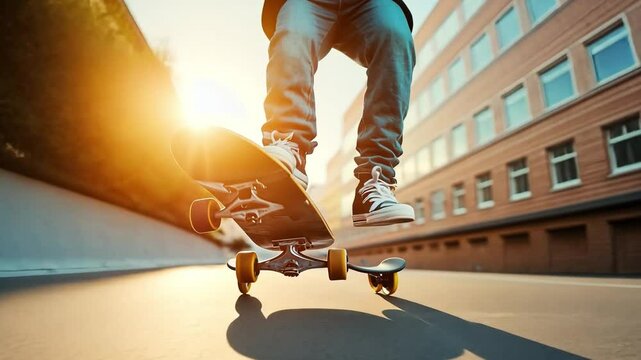 A dynamic low angle shot captures a skateboarder in mid-air, defying gravity with a powerful kickflip against the backdrop of a modern cityscape.