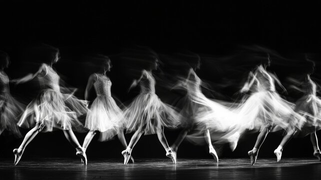 Fototapeta black and white long exposure photo of a group of ballet dancers with motion blur