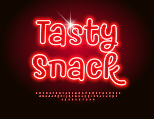 Vector neon advertisement Tasty Snack for Market, Store and Cafe. Glowing Red Font. Bright Electric Alphabet Letters and Numbers set.