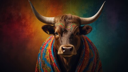 Naklejka premium A brown bull with horns, decorated with colorful patterns, stares directly at the camera against a colorful background.