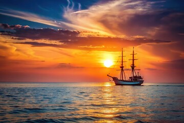 Obraz premium Ship sailing on the sea with sunset in the background