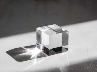 A clear cube sits on a white surface, casting a shadow on the wall