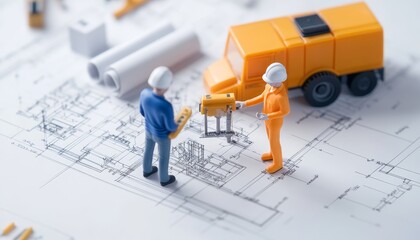 Miniature Workers on Blueprint with Construction Equipment