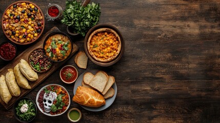 Festive spread of traditional Mexican dishes on a rustic table