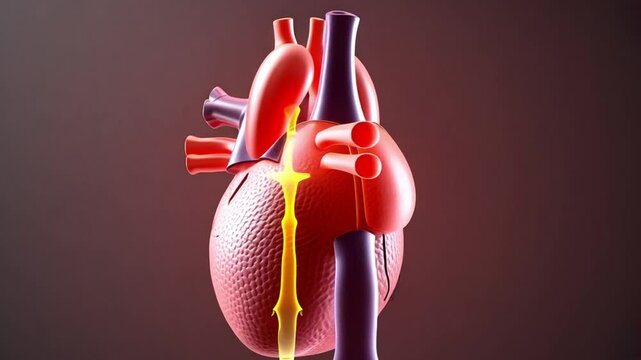 A 3D illustration of the human heart showing the stages of a heart attack, with detailed emphasis on blocked arteries, blood clots, and damaged tissue. Ideal for educational content in cardiology