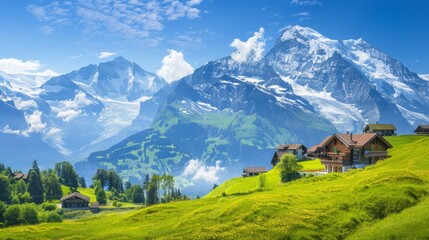 Obraz premium A serene village nestled in the majestic Swiss Alps, basking in the warm glow of a sunset on a tranquil summer evening, showcasing traditional architecture and vibrant floral displays.