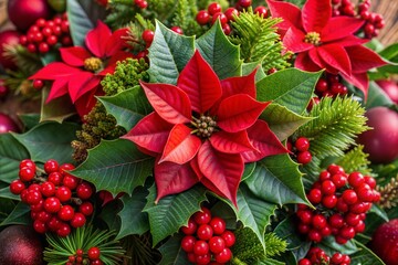 Close-up of christmas decoration with red poinsettia and evergreen happy holidays