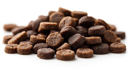 Tasty dry dog food in a bowl is isolated on a white background in close-up.