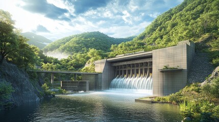 Hydroelectric Dam and Reservoir with Lush Green Landscape