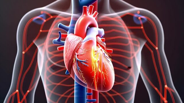 A 3D illustration of the human heart showing the stages of a heart attack, with detailed emphasis on blocked arteries, blood clots, and damaged tissue. Ideal for educational content in cardiology