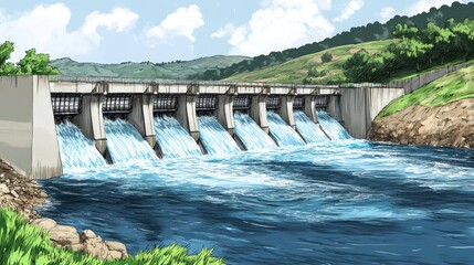 Hydroelectric Dam and Reservoir with Lush Green Landscape