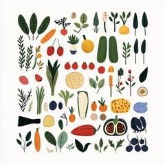 Vibrant Vegan Food Variety: Sustainable Plant-Based Ingredients in Flat Design Illustration