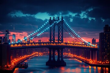 Fototapeta premium The HD wallpaper captures the Manhattan Bridge at dusk in New York City, showcasing the city's lighting and atmosphere.