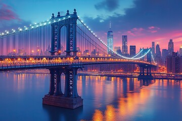 Fototapeta premium The HD wallpaper captures the Manhattan Bridge at dusk in New York City, showcasing the city's lighting and atmosphere.