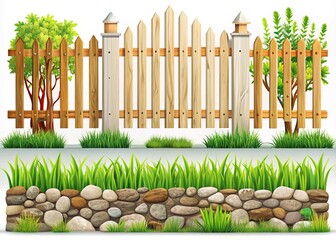 Fototapeta premium Vintage Wooden Picket Fence and Stone Wall Illustrations for Garden, Farm, and Backyard Decor on White Background